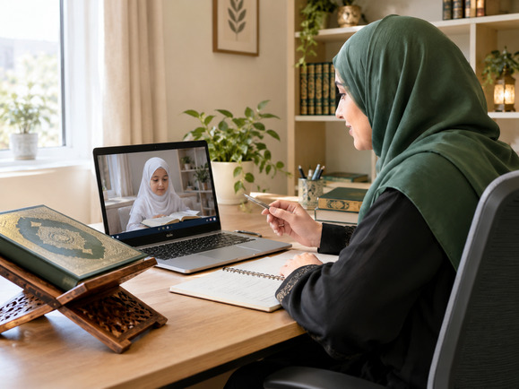 An online Quran lesson taking place in a calm home study environment