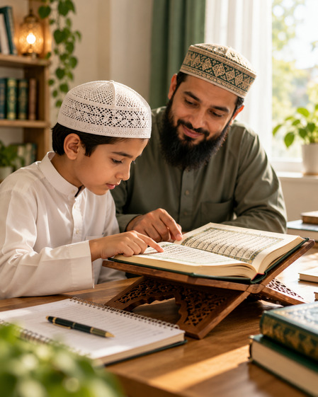 Student practicing Quran reading with individual teacher guidance