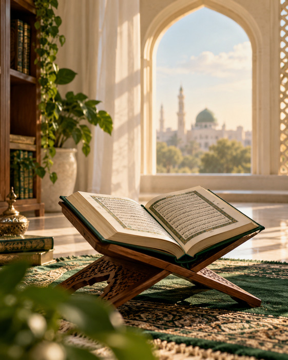 Open Quran in a peaceful, light-filled study setting